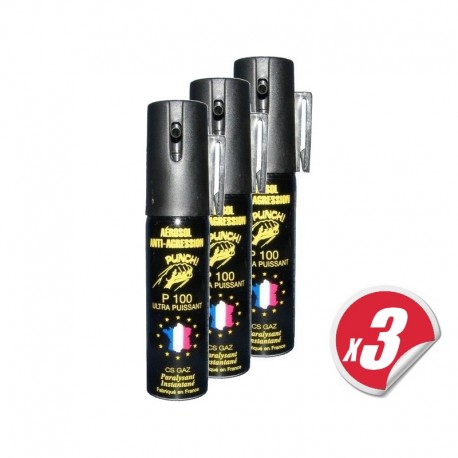 LOT de 3 bombes lacrymogènes PUNCH - Spray de défense CS GAZ 25 ml