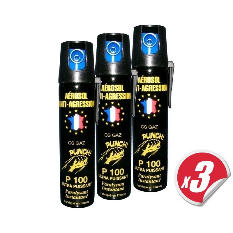 Aérosol lacrymogène PUNCH P100 - Spray GAZ 75 ml (pack de 3) à 25,00 €