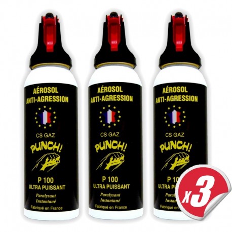 Bombe lacrymogène PUNCH - Spray puissant en GAZ 100 ml (pack de 3)