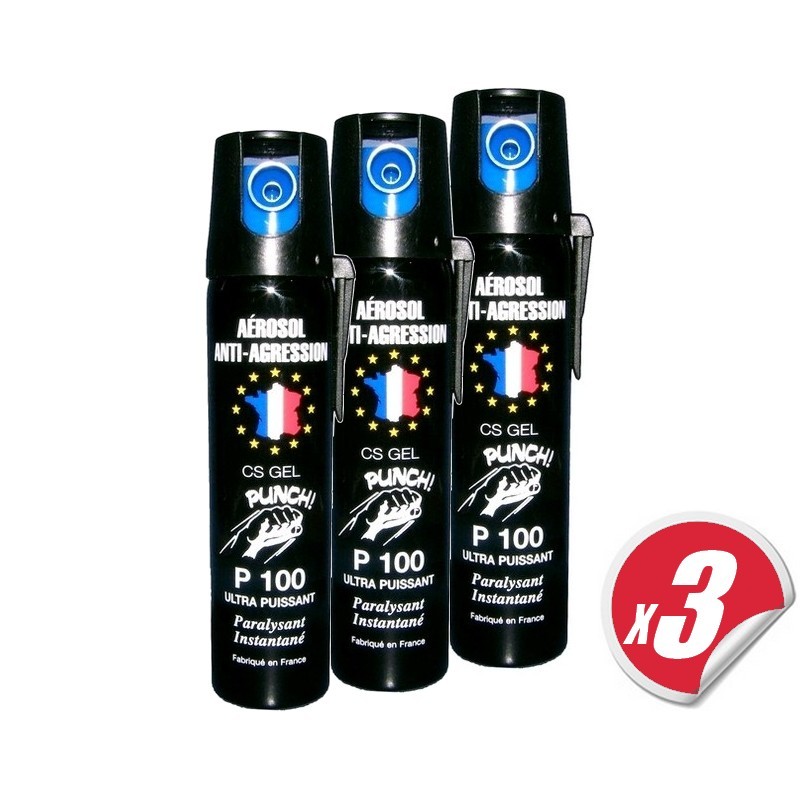 Pack x3 d'aérosol lacrymogène PUNCH P100 - Spray GEL 75 ml à 25,00 €