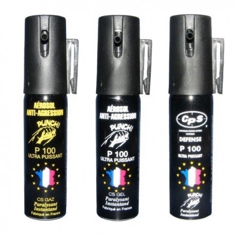 bombes anti agressions PUNCH P100 GEL, GAZ et PEPPER - Pack de