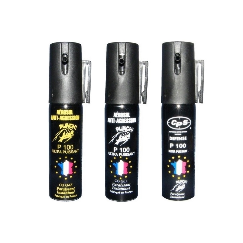 bombes anti agressions PUNCH P100 GEL, GAZ et PEPPER - Pack de