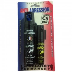 Duo Aérosol lacrymogène PUNCH P100 - Spray GEL 75 ml+ GAZ 25 ml