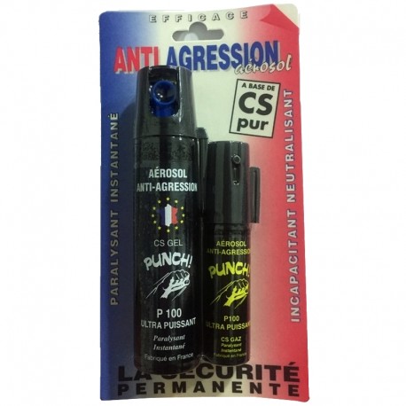 Duo Aérosol lacrymogène PUNCH P100 - Spray GEL 75 ml+ GAZ 25 ml