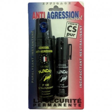 Duo Aérosol lacrymogène PUNCH P100 - Spray GEL 75 ml+ GAZ 25 ml