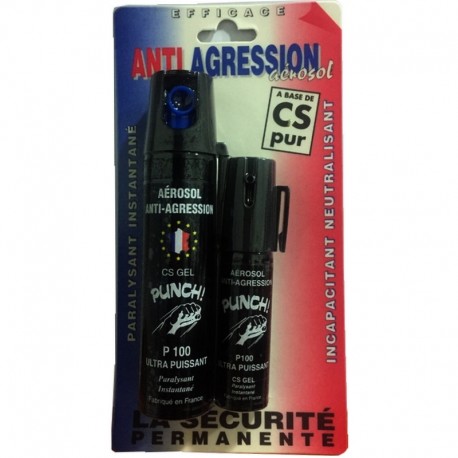 Duo Aérosol lacrymogène PUNCH P100 - Spray GEL 75 ml+ GEL 25 ml